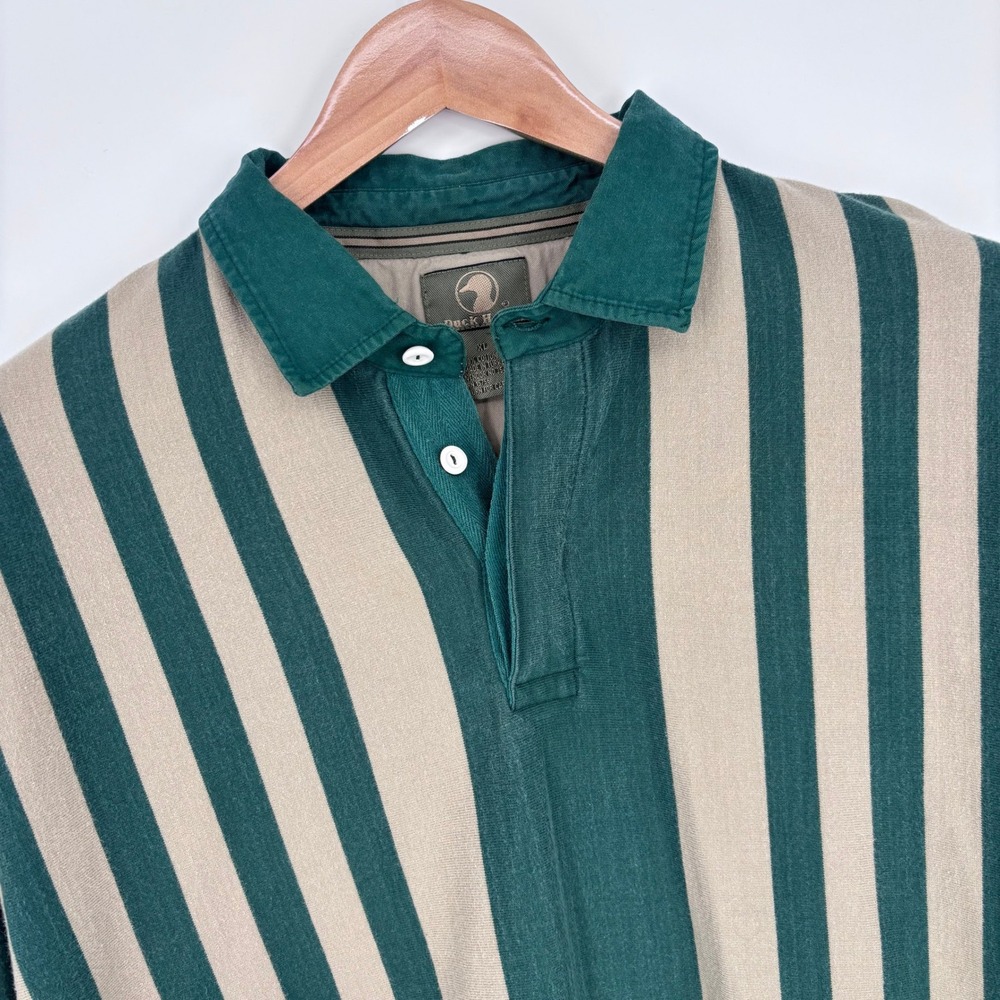 Vintage 90s Duck Head Rugby Shirt Mens XL Green Tan Vertical Stripe Preppy